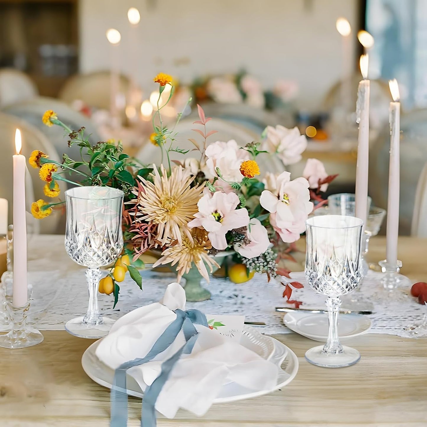 7OZ Plastic Wine Glasses, 10Pcs Clear Reusable Drinking Cups Vintage Champagne Flutes, Plastic Crystal Water Goblets for Parties Stemmed Shatterproof Drinking Glasses for Wedding, Toasting Party