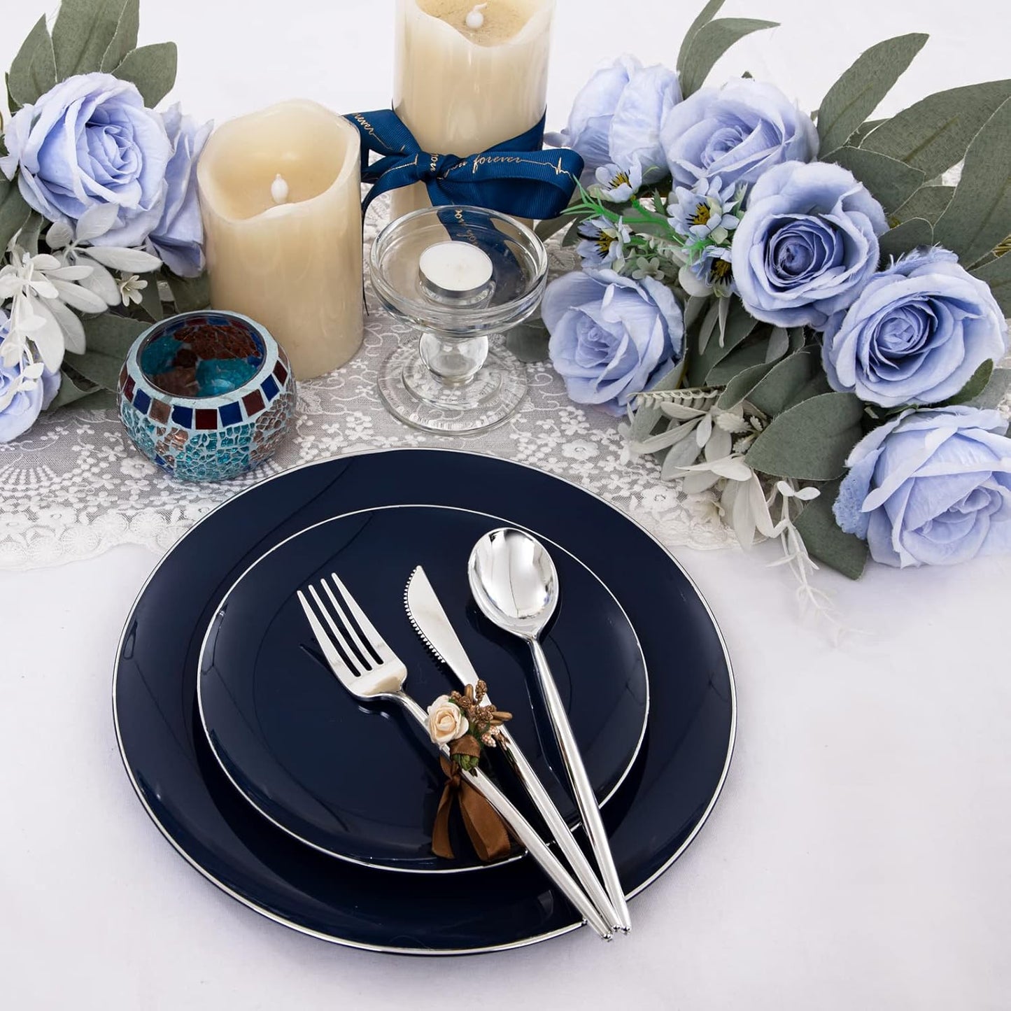 I00000 150Pcs Blue Plastic Plates,Heavy Duty Navy Blue Disposable Plates with Disposable Silverware include 30Pcs10.25' Dinner Plates,30Pcs 10.25' Dessert Plates, 90 Silver Silverware Set for Party
