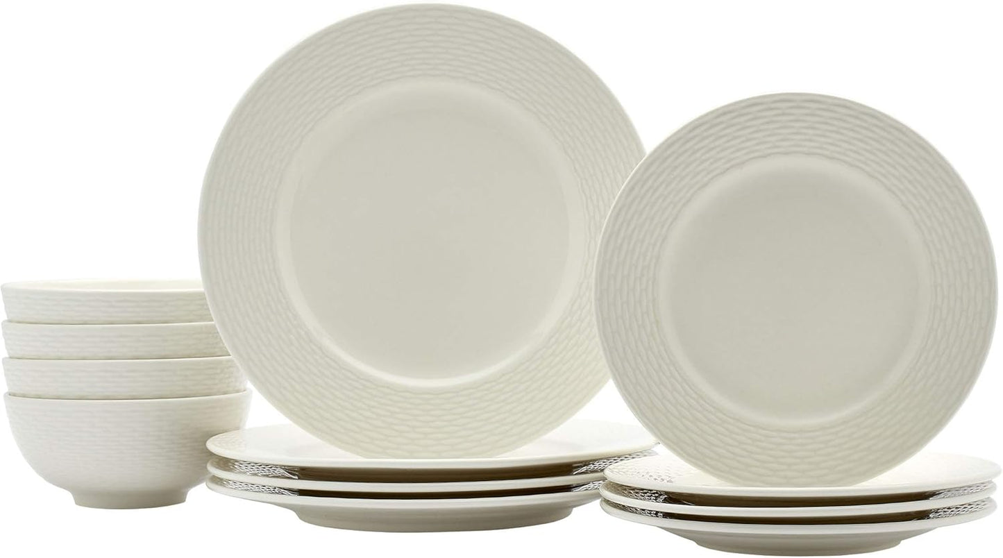 TTU Tabletops Gallery Embossed Bone White Porcelain Round Dinnerware Collection- Chip Resistant Scratch Resistant, Dubai 12 Piece Dinnerware Set (Dinner Plate, Salad Plate, Cereal Bowl)