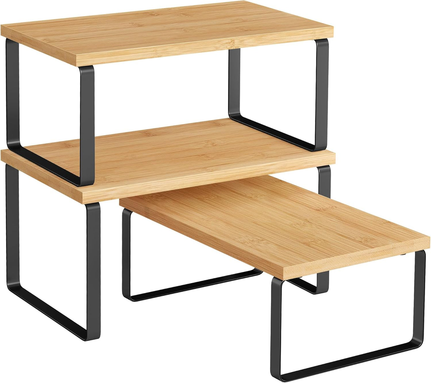 SONGMICS Cabinet Organizer Shelf, Set of 3 Kitchen Counter Shelves, Kitchen Storage, Spice Rack, Stackable, Expandable, Ink Black and Natural Beige UKCS014YL03