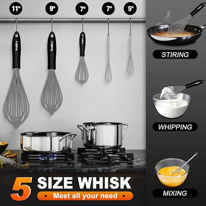 Walfos Whisk, Silicone Whisks Set of 5, Mini Stainless Steel Whisk 7in+5in and Non Scratch Coated 7+9+11in Whisks, Suitable for Blending, Whisking, Beating, Frothing & Stirring. (Grey)