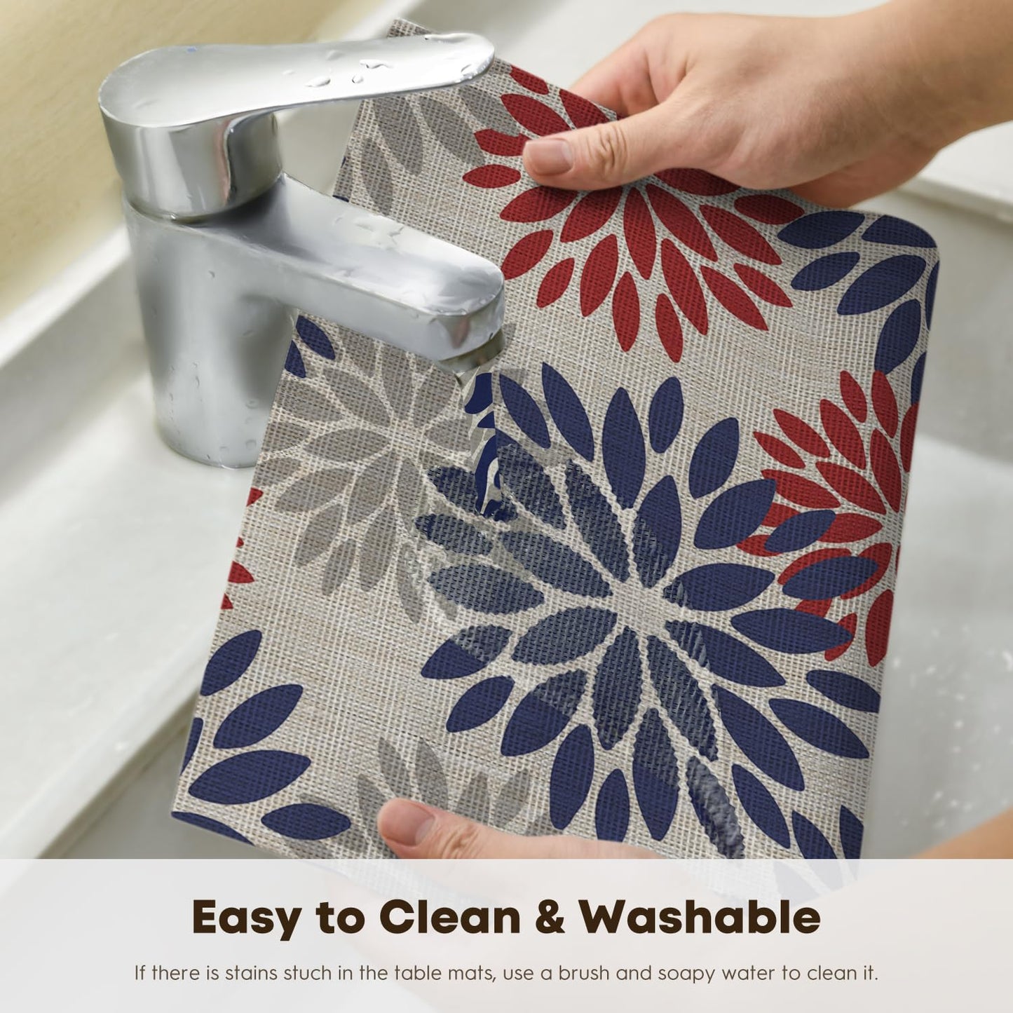 Artoid Mode Floral Vinyl Plastic Placemats Set of 4, 12x18 Inch 4th of July Patriotic Memorial Day Washable Non-Slip PVC Place Mats for Party Kitchen Dining Decor, Red Blue