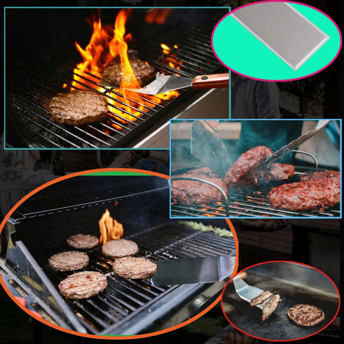 La Cuisine 3-PC SS Griddle Spatula Set - BBQ Tools Set Food Scraper for Grill Teppanyaki Flipping Patties Pancake Fish, 2 pcs SS Spatulas 1 pc Chopper/Scrapper with solid wood handle