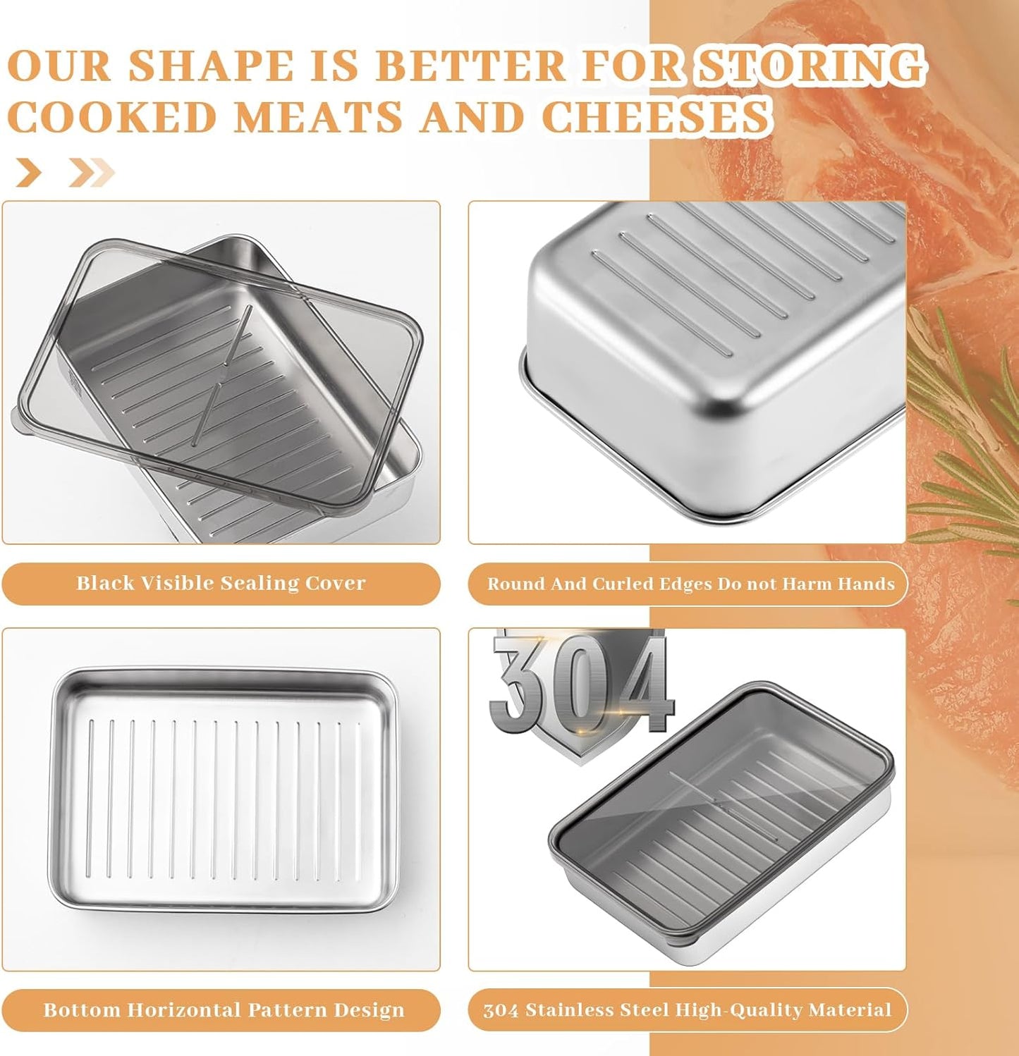 Hushee 6 Pack Bacon Cheese Container for Refrigerator, 304 Stainless Steel Airtight Deli Meat Container, Dishwasher Safe Fridge Storage Fruit Lunch Storage with Lids for Fridge, 4 Sizes