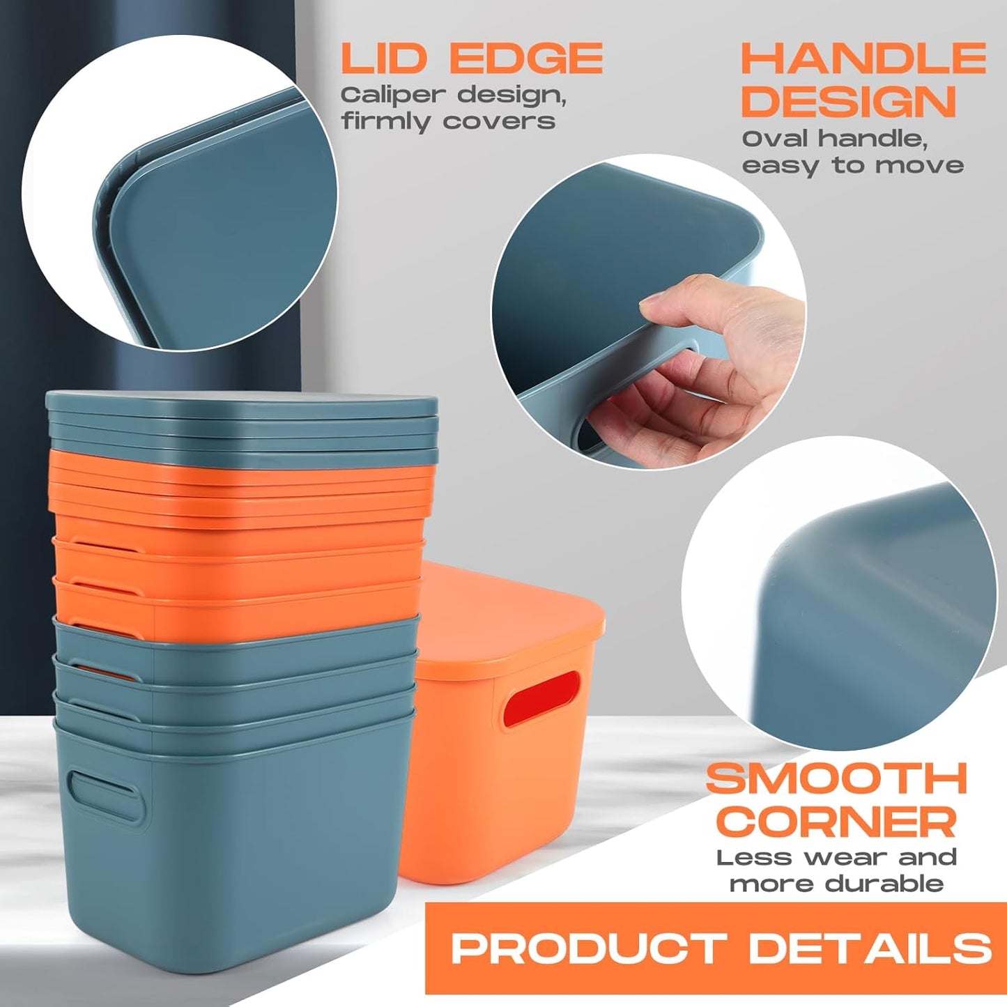 Hoolerry 8 Pieces Colorful Storage Bins with Lid, Plastic Storage Basket Organizing Container Stackable Box with Handle for Shelves Desktop Playroom Office(10.2 x 7 x 6.3 Inch,Blue and Orange)