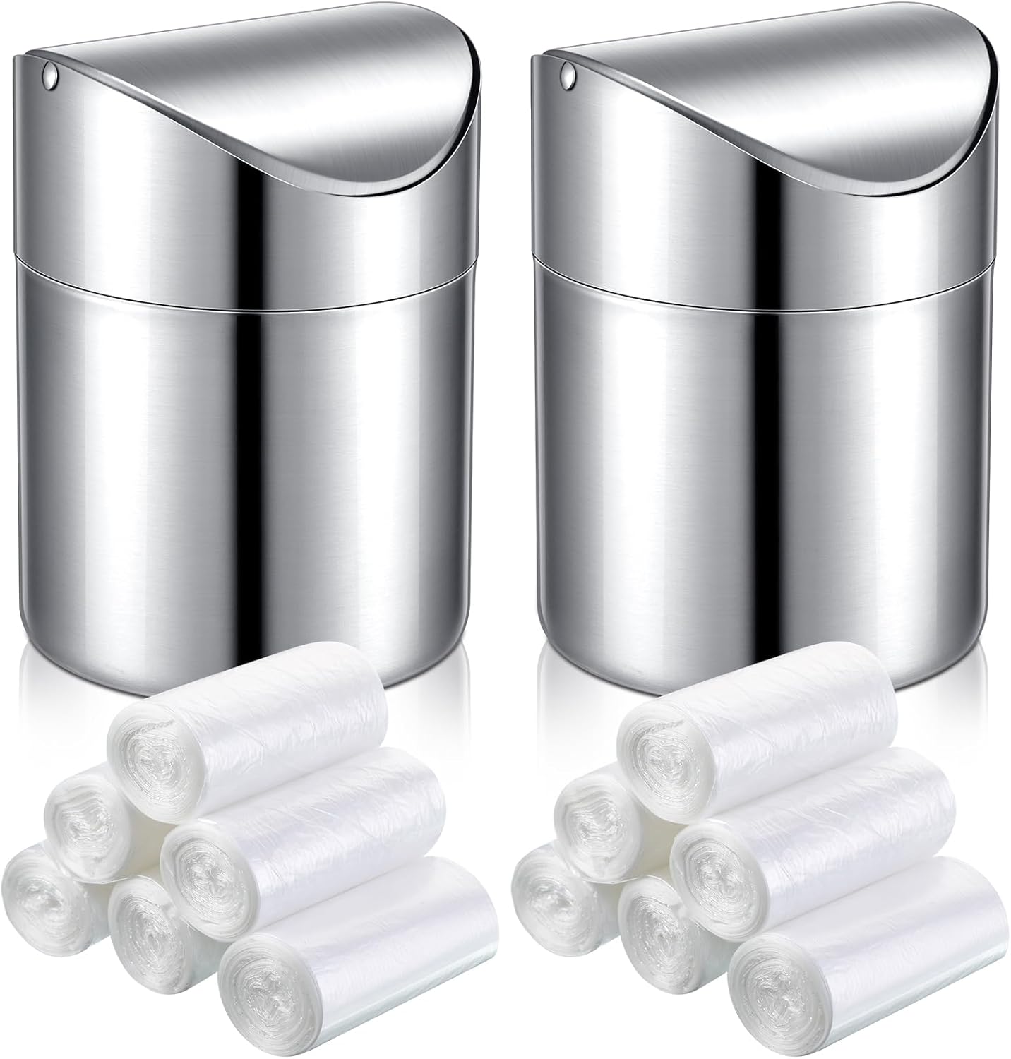 2 Pcs Desk Trash Can with Swing Lids, 12 Rolls of Trash Bags, 2L Brushed Stainless Steel Countertop Garbage Bin Small Wastebasket with Lid for Office Desk, Coffee Table(Silver)