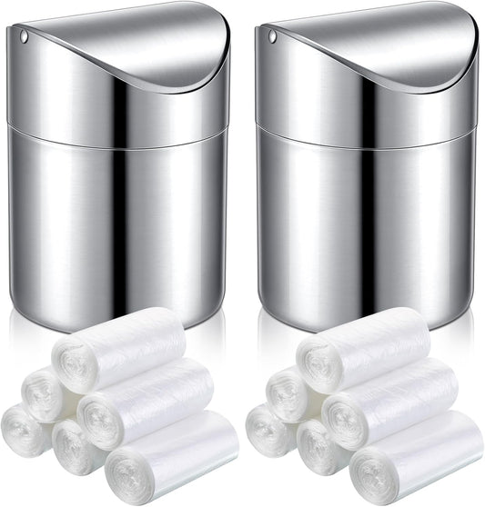 2 Pcs Desk Trash Can with Swing Lids, 12 Rolls of Trash Bags, 2L Brushed Stainless Steel Countertop Garbage Bin Small Wastebasket with Lid for Office Desk, Coffee Table(Silver)