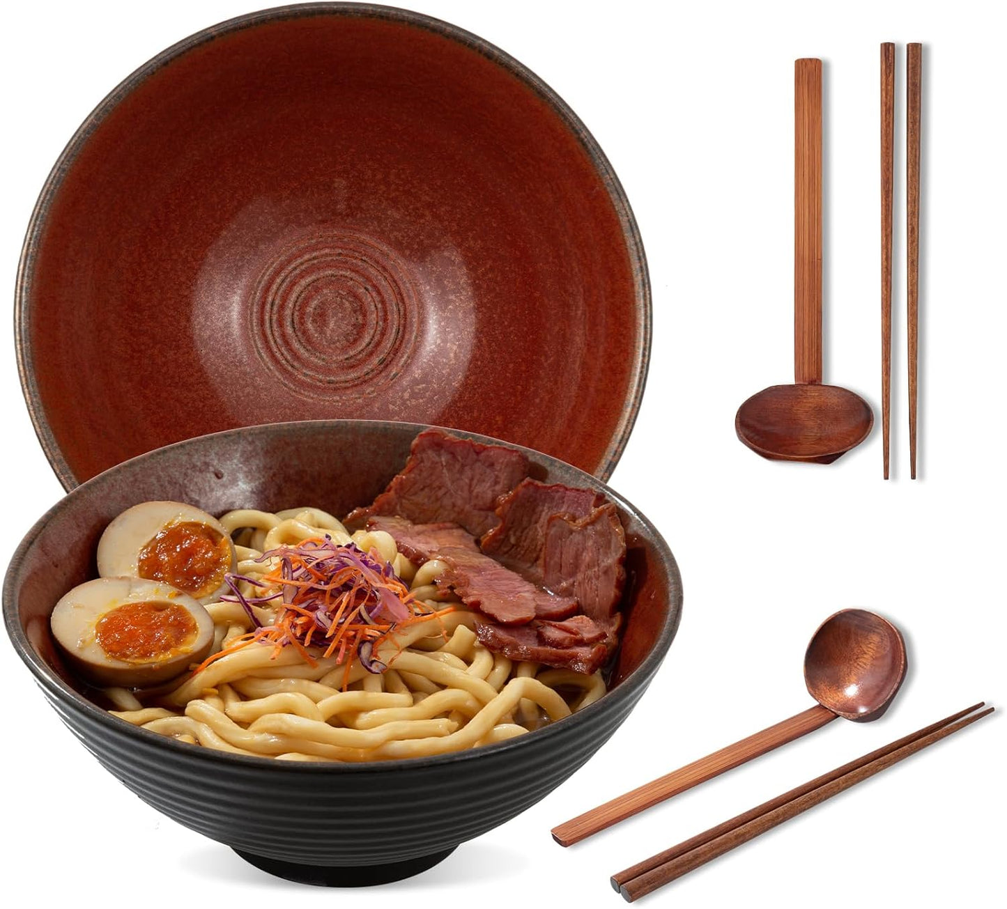 8 Inch Ceramic Ramen Bowl Set of 2, 40oz Japanese Bowls with Spoons & Chopsticks,Durable,Microwave & Dishwasher Safe,Perfect for Ramen,Pho,Salad,Soup,Noodles，Mixing bowls（Carnelian）