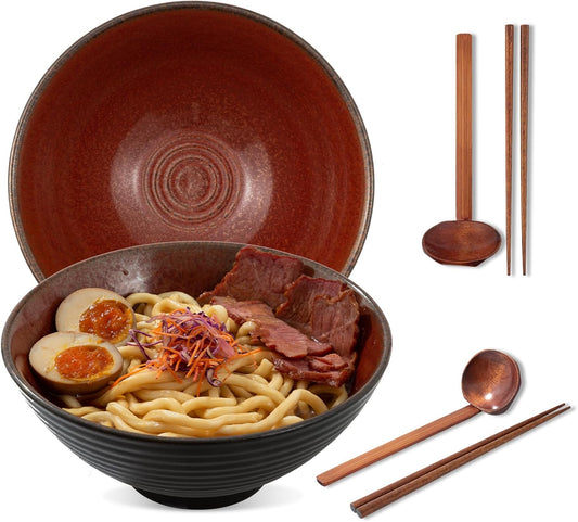 8 Inch Ceramic Ramen Bowl Set of 2, 40oz Japanese Bowls with Spoons & Chopsticks,Durable,Microwave & Dishwasher Safe,Perfect for Ramen,Pho,Salad,Soup,Noodles，Mixing bowls（Carnelian）