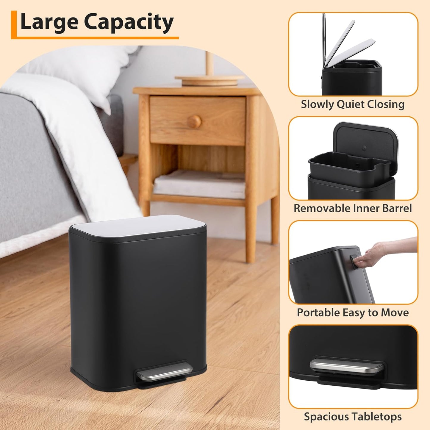 Bathroom Trash Can with Lid, 3.2 Gallon Stainless Steel Garbage Can with Step-On Pedal and Inner Bucket, Rectangular Trash Can for Kitchen Office Living Room Small Spaces (12 L, Black)
