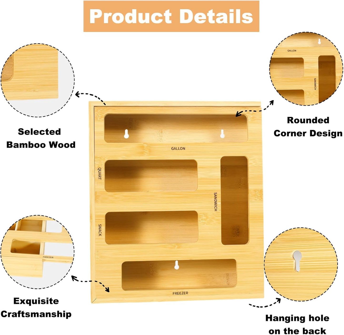 Bag Storage Organizer Compatible with Ziploc Gallon, Quart, Sandwich & Snack Sized Slider Bags,Bamboo Organizer For Drawer(13.7"L*11.8H"*3.1W")