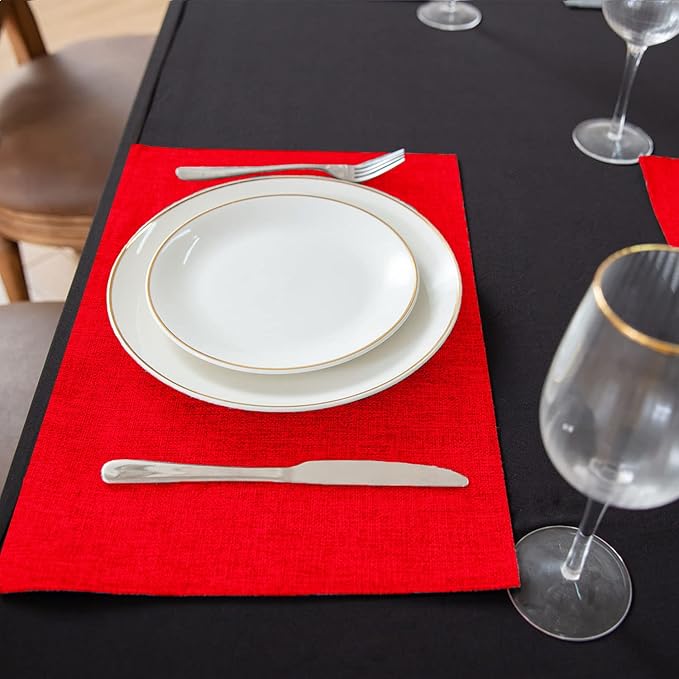 Linen Fabric Placemats Set of 6, Machine Washable, Heat Resistant, Wrinkle Free, Thick Polyester Kitchen Place Mats for Dining Table (Red)