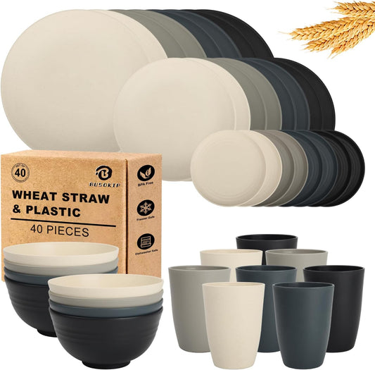 40 PCS Wheat Straw Dinnerware Set | Unbreakable Dishes Set for 8 - Alternative to Plastic Plates and Bowls Sets, Cereal Bowl, Water Cups, Dishwasher & Microwave Safe Bowls for Kitchen - Dark