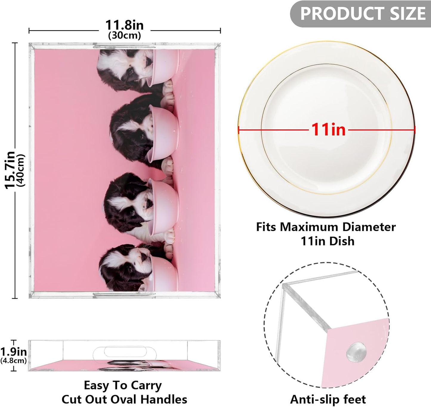 Plastic Food Serving Tray Decorative Vanity Trays for Bathroom Bernards Dog Coffee Table Kitchen Counter 11.8 * 15.7in
