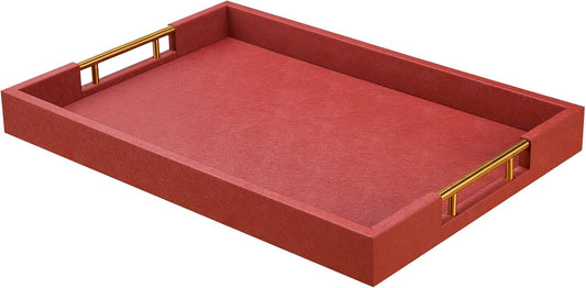 14x20 Inches Brown Faux Leather Wrapped Wood Serving Tray with Metal Handles for Various Occasions, Ottoman, Home Decor Decorative, Living Room, Coffee Table Organizer, Serving Breakfast On Bed