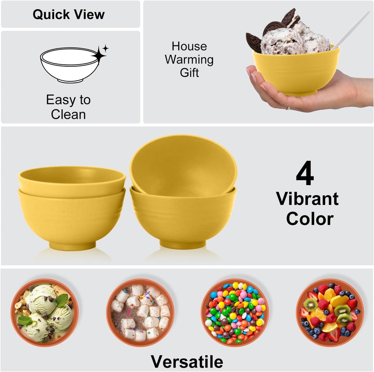 Wrova wheat straw icecream bowls 10oz set of 8 - Unbreakable Dessert Bowls Freezer Safe - Small Bowls for Yogurt,Snack and Fruits. Yellow