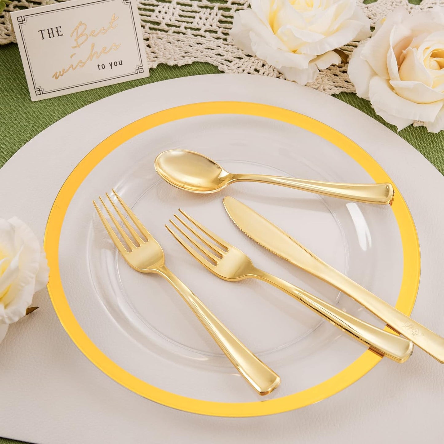 YOUBET 210PCS Clear Gold Plastic Dinnerware - Gold Plastic Plates and Golden Dinnerware Includes 30 Dinner Plate, 30 Dessert Plate, 30 Gold Cups, 30 Napkins for Party & Wedding Thanksgiving