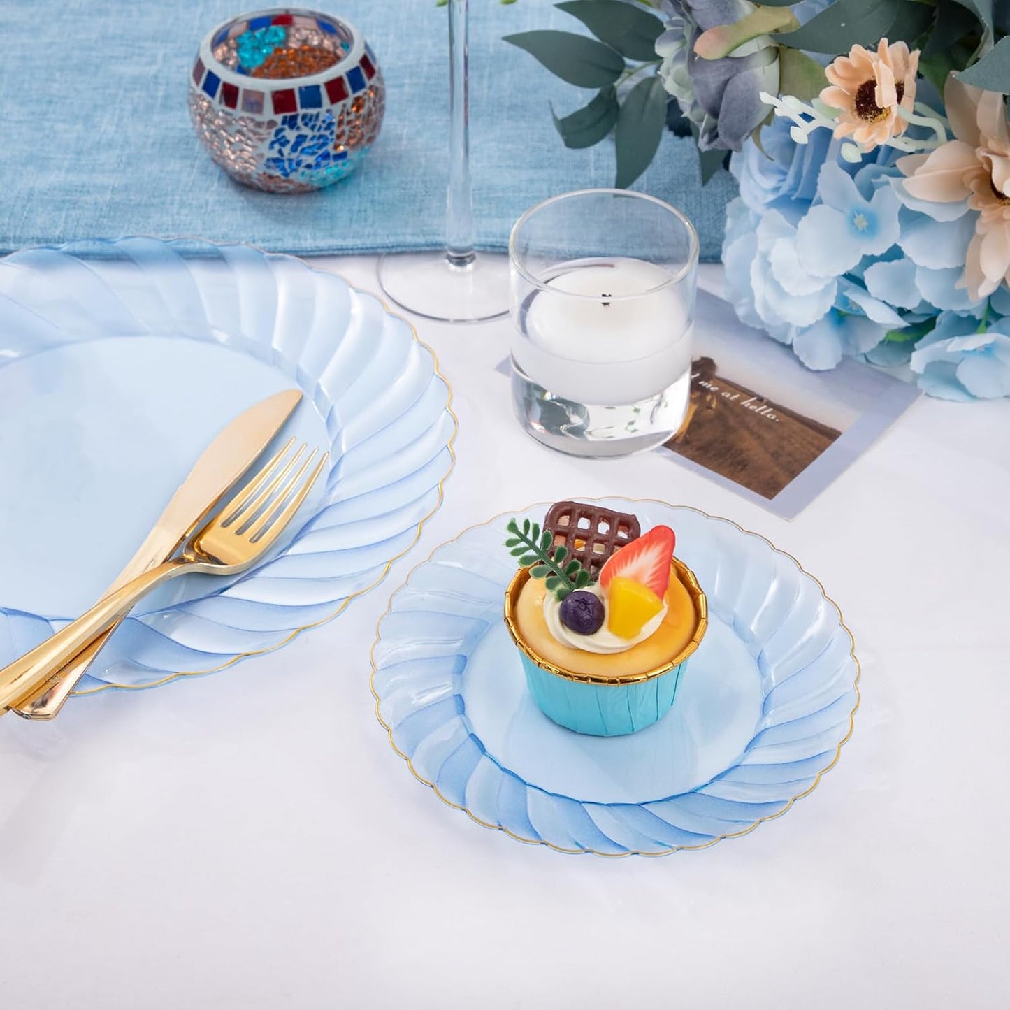 YOUBET 125PCS Clear Blue Gold Plastic Plates - Blue Disposable Plates With Gold Rim Include 25 Dinner Plates 25 Dessert Plates 75 Golden Silverwares for Wedding Birthday & Parties