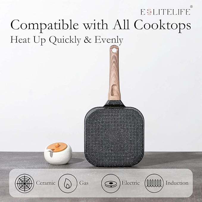 ESLITE LIFE 7 Inch Nonstick Small Grill Pan for Indoor Cooking, Versatile Induction Square Grilling Skillet Steak Pan for Stove Tops, PTFE & PFOA Free, Black