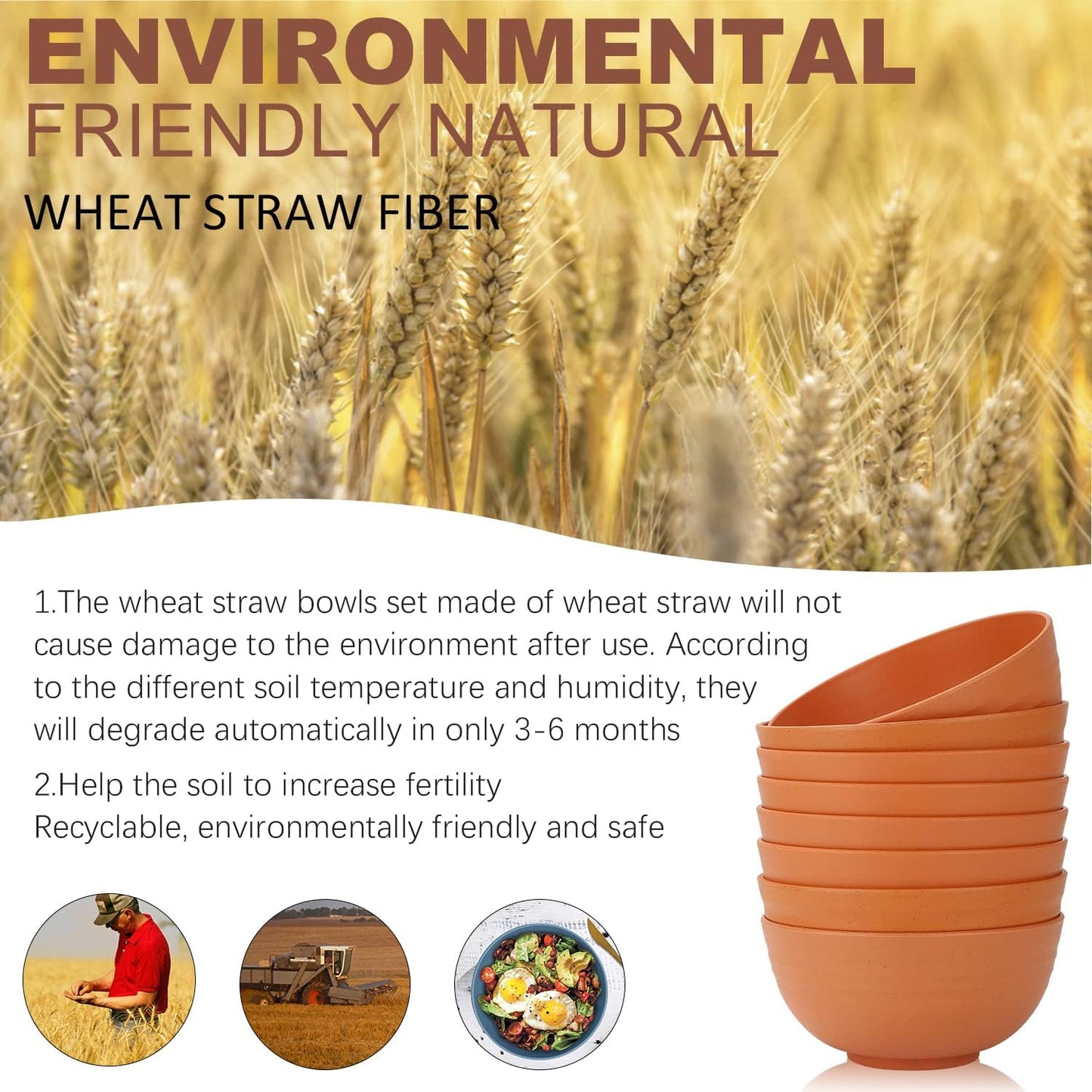Homienly Wheat Straw Cereal Bowl Set, Wheat Straw Bowls Set - 8 PCS, Unbreakable Lightweight Bowl for Kitchen, Camping, Microwave and Dishwasher Safe Bowls, Soup Bowl (Orange, 26 OZ)
