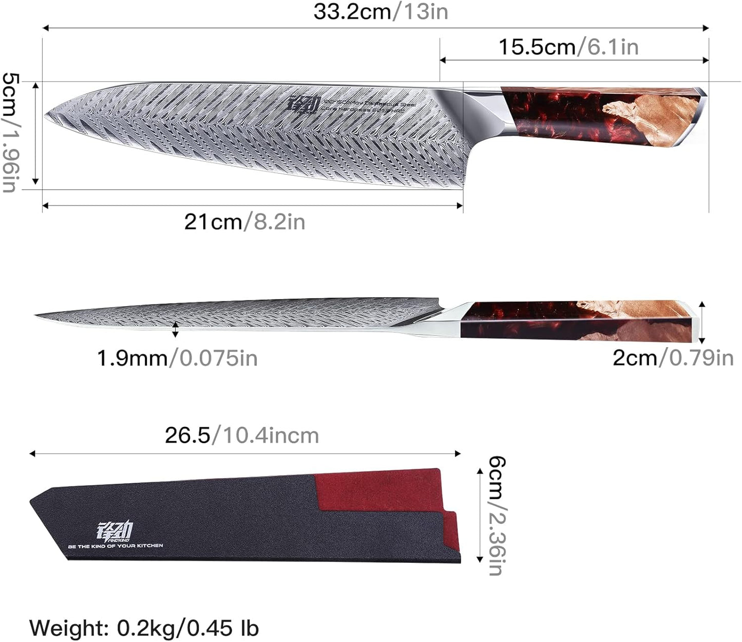 FINDKING Nebula Series Chef Knife with ABS Sheath, Multipurpose Japanese Gyuto Knife, 10Cr15CoMov Damascus Steel Blade, Resin and Figured Sycamore wood Handle, Full Tang, 8 Inch, Red, for Meat