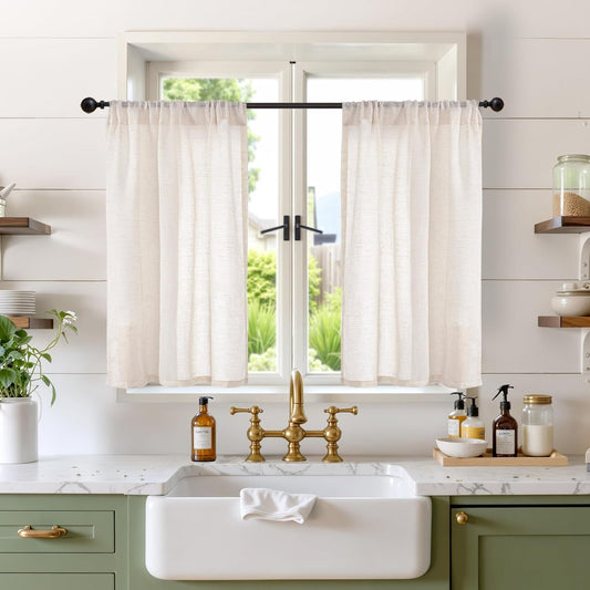 BGment 36 Inch Length Oatmeal Linen Curtains for Kitchen Window - Small Half Drapes Light Filtering Semi Sheer Natural Textured with Rod Pocket for Cafe Bathroom, 2 Panels Set, 30 X 36 Inch