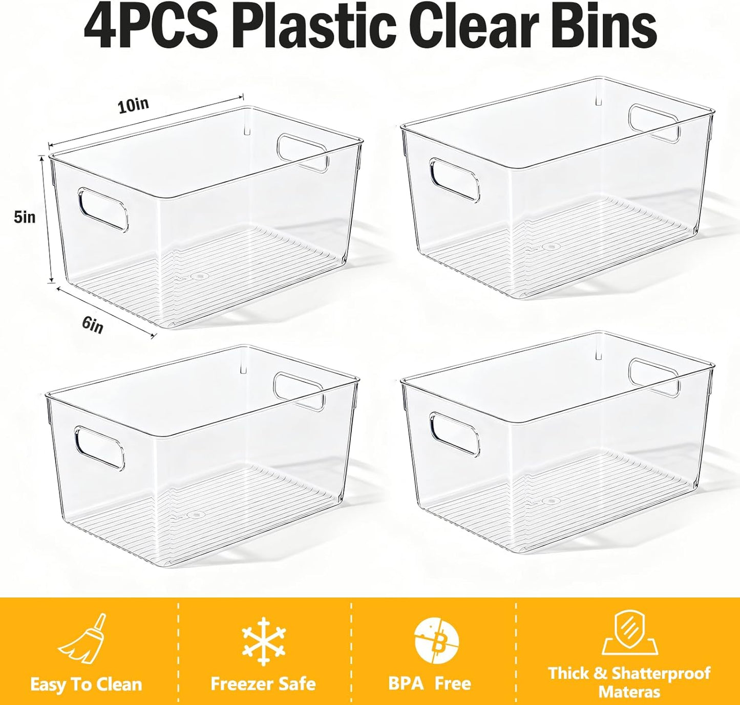 Clear Pantry Organizer Bins, Plastic Organizers & Storage Containers, Cabinet Organizer, Home Organization Must Haves for Kitchen, Laundry Room, Office, Closet & Freezer (4 Pack)