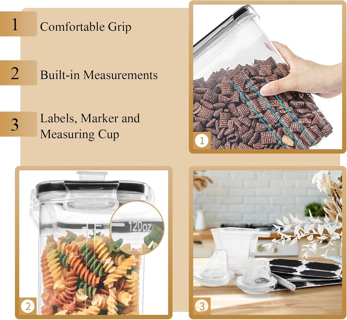 PRAKI Cereal Containers Storage Set (4L,135.2 Oz), 4PCS Airtight Food Storage Containers with Pour Spout for Kitchen & Pantry Organization Cereal Dispensers with 20 labels, Measuring Cup & Marker