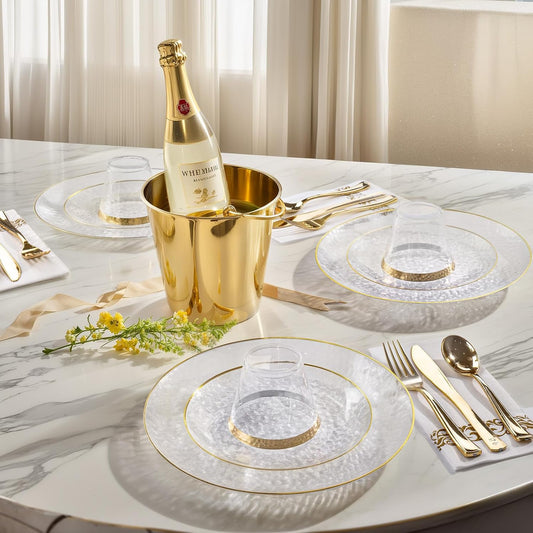 DaYammi 175PCS Clear Gold Plastic Dinnerware Set, Thanksgiving Plates Disposable Hammered Disposable Plates for Party, Include: 25 Dinner Plates 25 Dessert Plates 75 Gold Silverware 25 Napkins 25 Cups