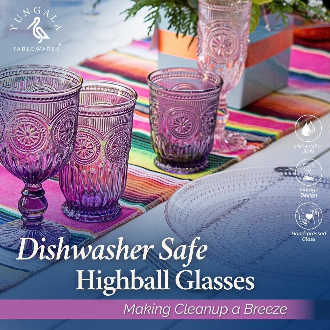 Yungala Purple Highball Glasses, set of 6 tall drinking glasses with unique vintage design and a deep purple hue. DISHWASHER SAFE glassware made from purple glass. Matching wine glasses available.
