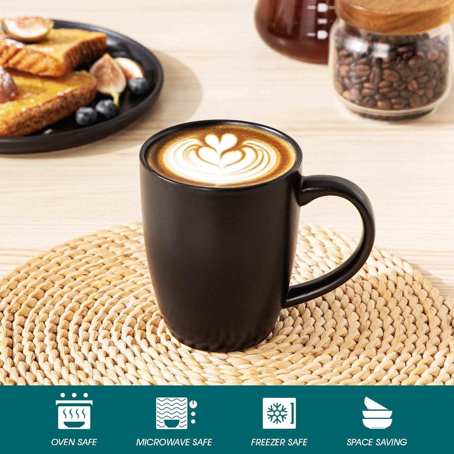 vancasso PLAYA Ceramic Coffee Mug Set of 6, 16 Oz Tea Cups with Handle for Latte, Tea, Cappuccino, Milk, Cocoa, Microwave&Dishwasher Safe, Black