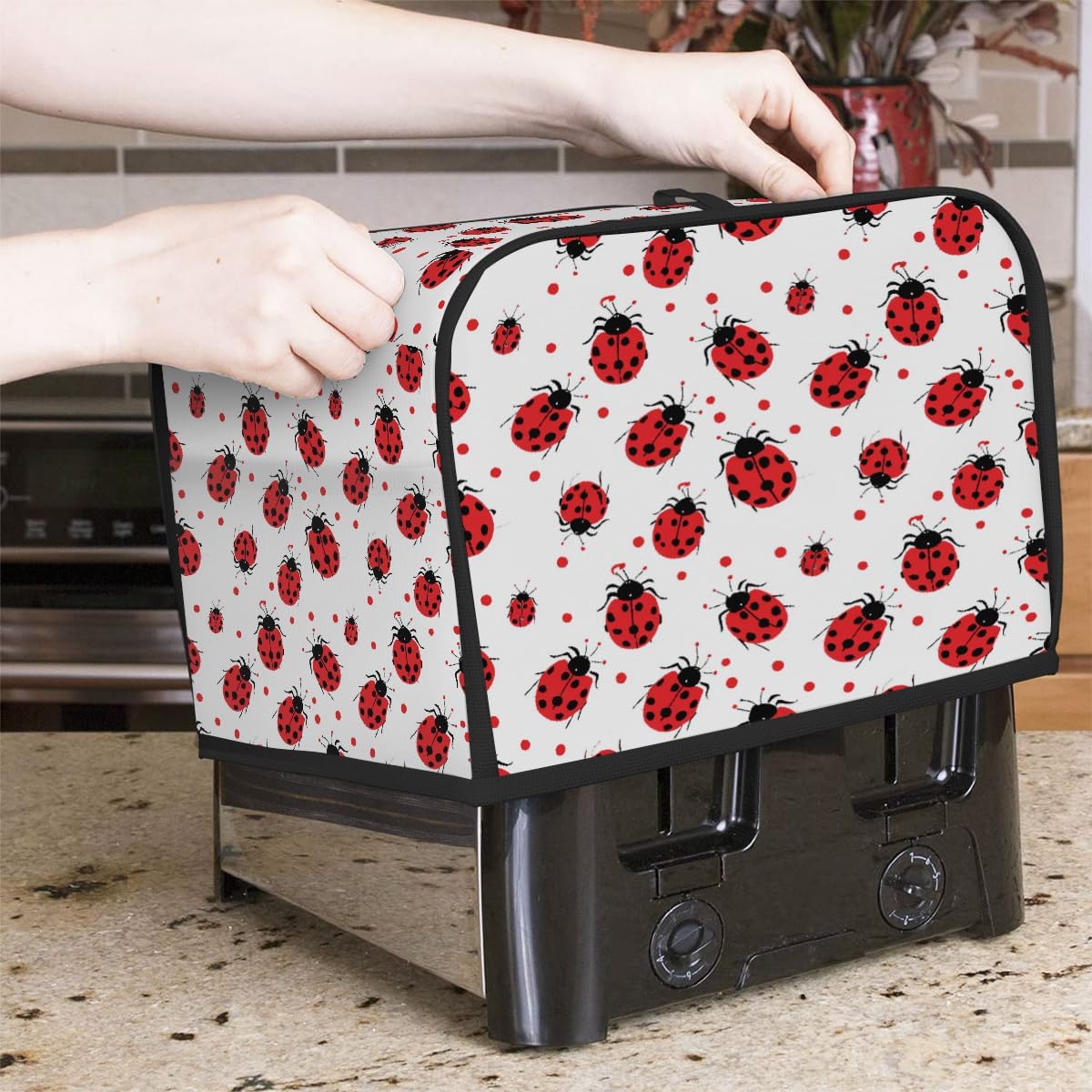 4 Slice Toaster Cover,Red Ladybug On White Small Kitchen Appliance Bread Machine Cover with Pockets,Dust & Fingerprint Protection