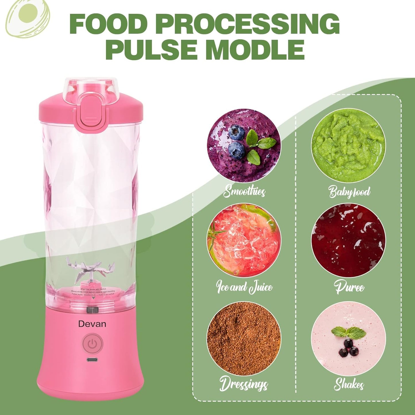 Pink Portable Blender - 270W USB Rechargeable, 20 oz BPA-Free Cup & Travel Lid for Shakes & Smoothies