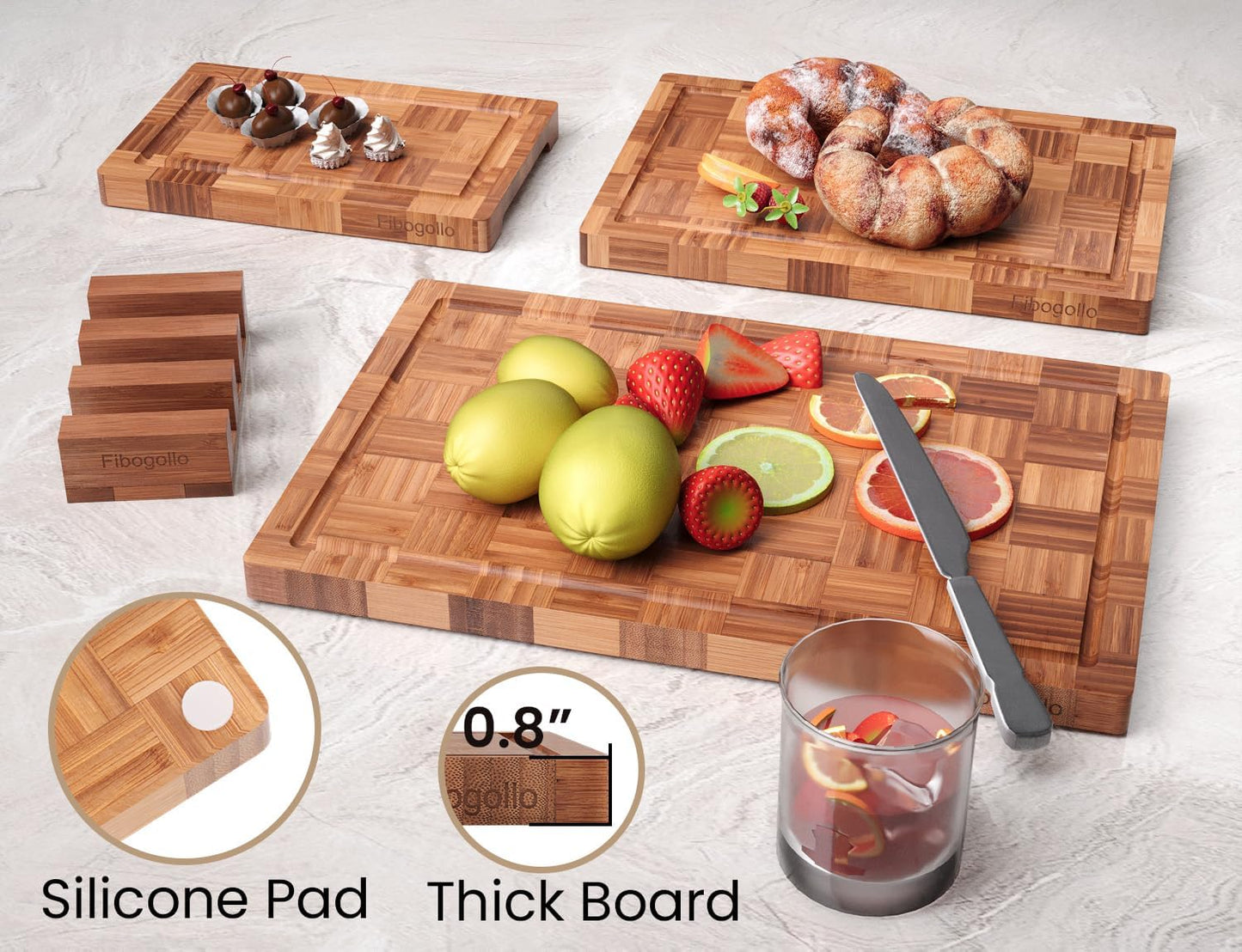 Bamboo Cutting Boards for Kitchen,Chopping Boards Set with Juice Groove,End Grain Bamboo Butcher Block,Serving Board with Holder(3 Pcs)