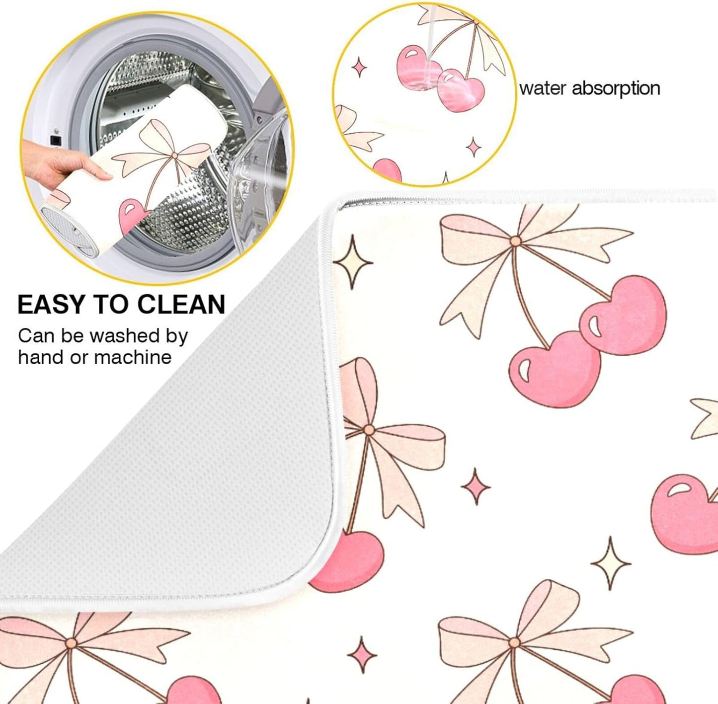 Cute Cherry Bow Dish Drying Mat for Kitchen Counter Absorbent Dish Drainer Mats Drying Pads 18"x24"