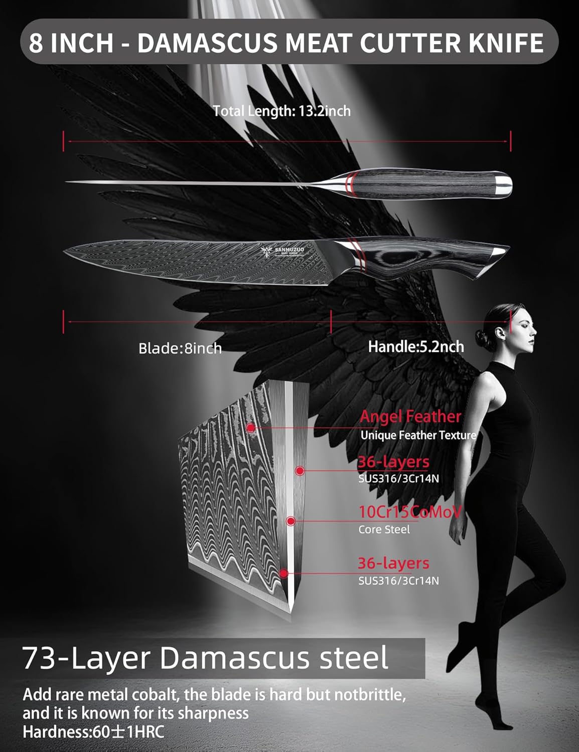 8 Inch Carving Knife, Slicing Knife - Black Damascus Steel with Ergonomic Handle - MIAO Series