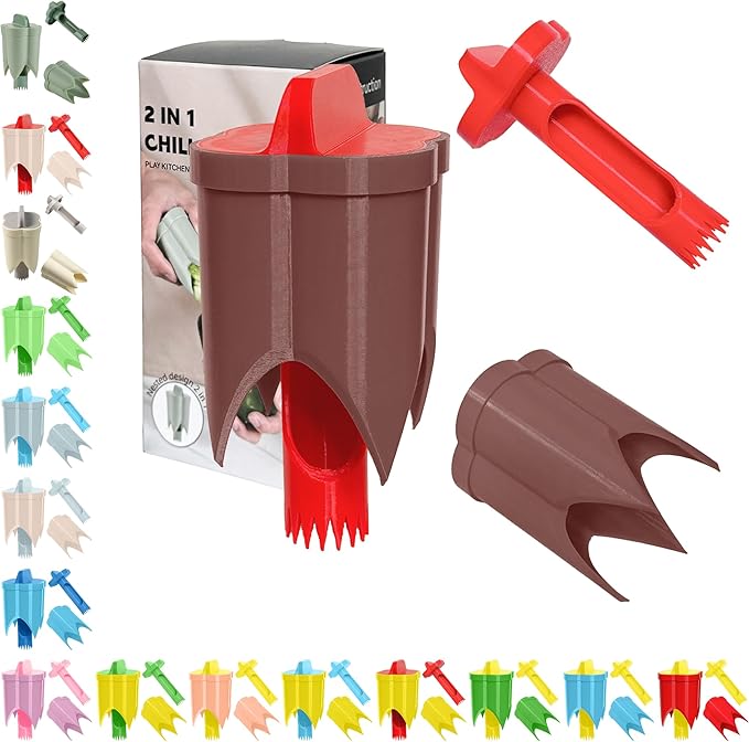 Pepper Corer, 2 in 1 Red Bell Pepper Seed Corer Remover Tool, Fruit & Vegetable Corers Quick Cave Tools for Jalapeno Cutter Deseeder, Red Brown