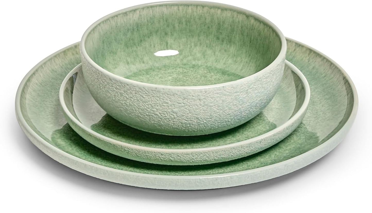 Sango 12-Piece Stoneware Dinnerware Set for 4, Green Ceramic Plates and Bowls Sets, Modern Dish Set with Reactive Glaze, Durable Kitchen Dishes for Casual Dining, Microwave & Dishwasher Safe, Asher