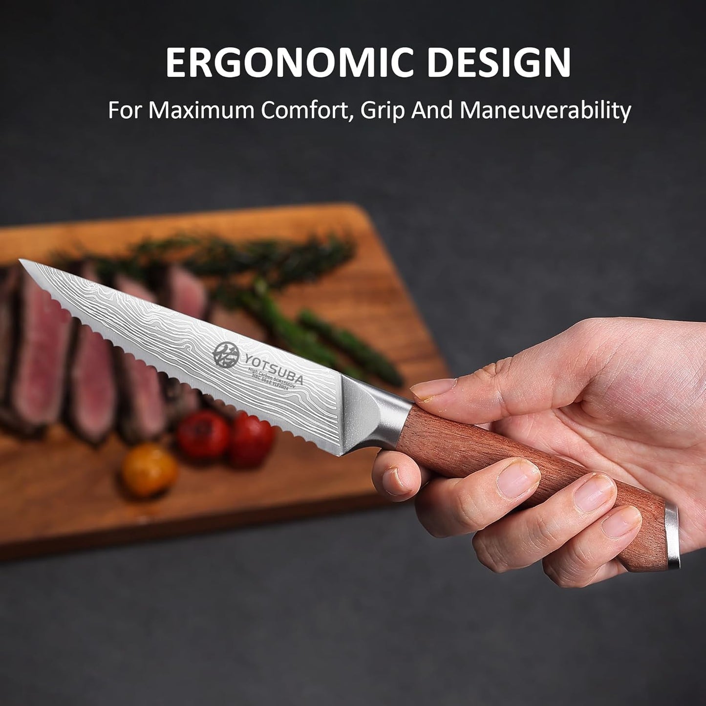 YOTSUBA Steak Knives Set of 6, 4.5 Inch Steak Knife Set, Razor-Sharp High-Carbon Stainless Steel Kitchen Steak Knife with Ergonomic Wood Handle, Dinner Knives with Gift Box