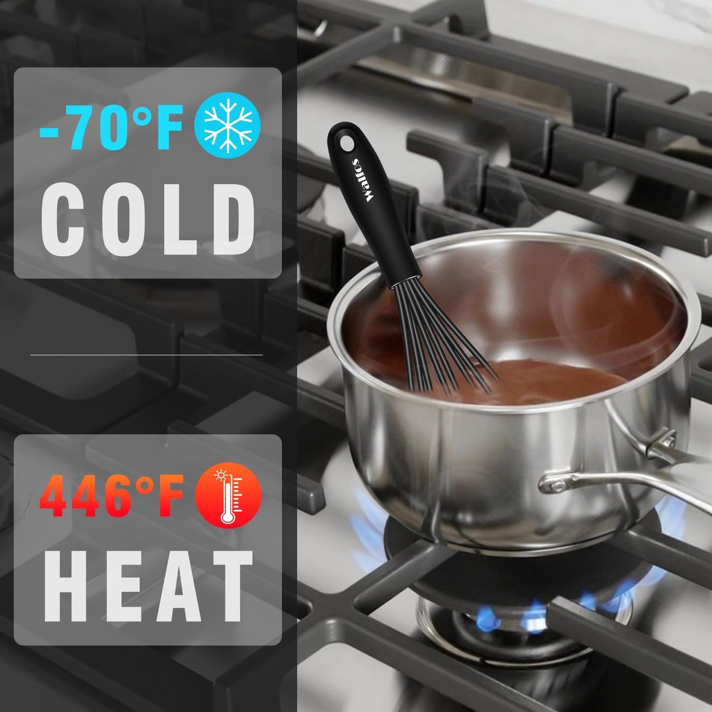 Walfos Whisk 5+7in/12cm+17cm Mini Whisk,Silicone Whisks Non Scratch Heat Resistant (480°F). Nice for stirring individual eggs and mixing small amounts of powder and sauce.Dishwasher Safe.Black