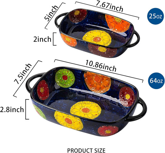 Retro pastoral style Ceramic Baking Dish Rectangular Bakeware Set Baking Pan, 2-piece Hand-painted Porcelain Baking pan with handle, Casserole Dish for Oven/Cooking/Kitchen (Van Impression)