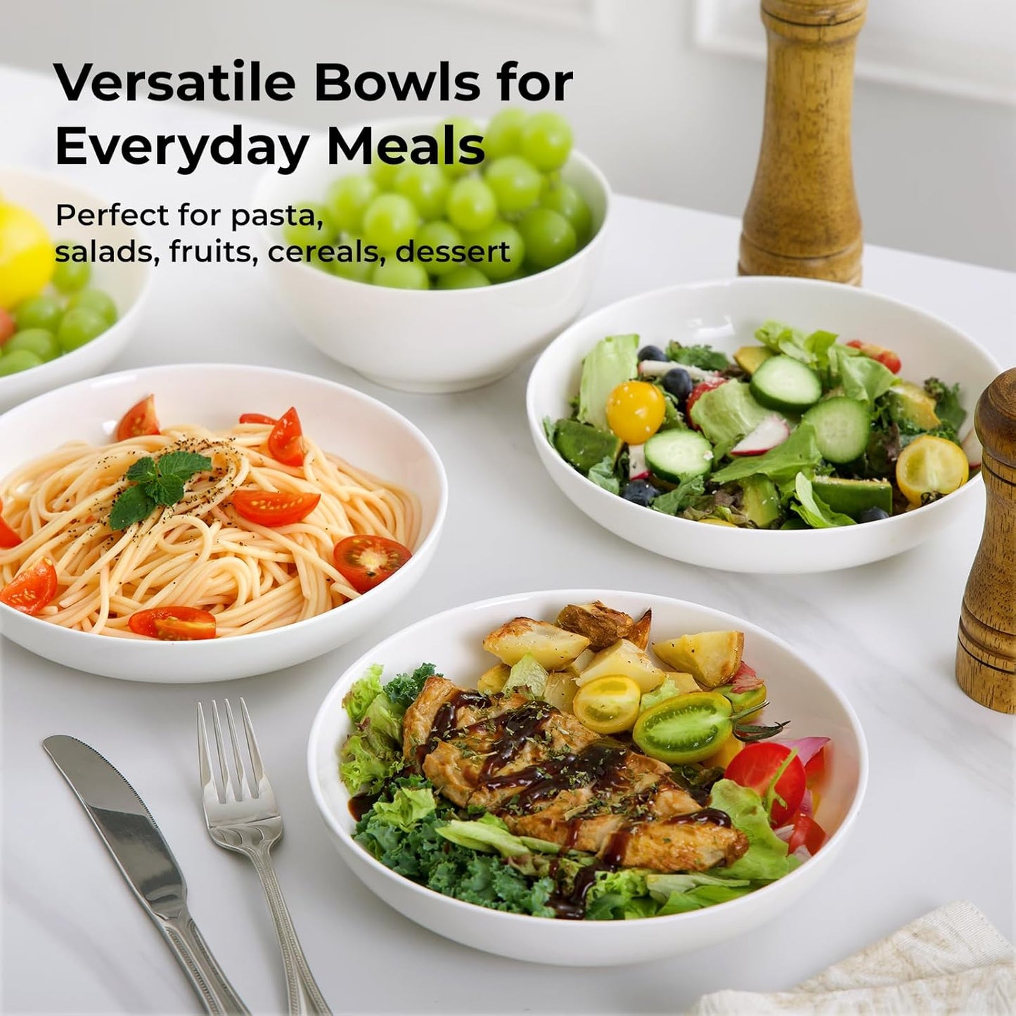 Y YHY Pasta Bowls for Small Portions, 22 Ounce Salad White Bowl Plates Set of 6, Porcelain Dishes for Serving Dinner - Dinnerware Sets Microwave Dishwasher Safe Thanksgiving Day Gift