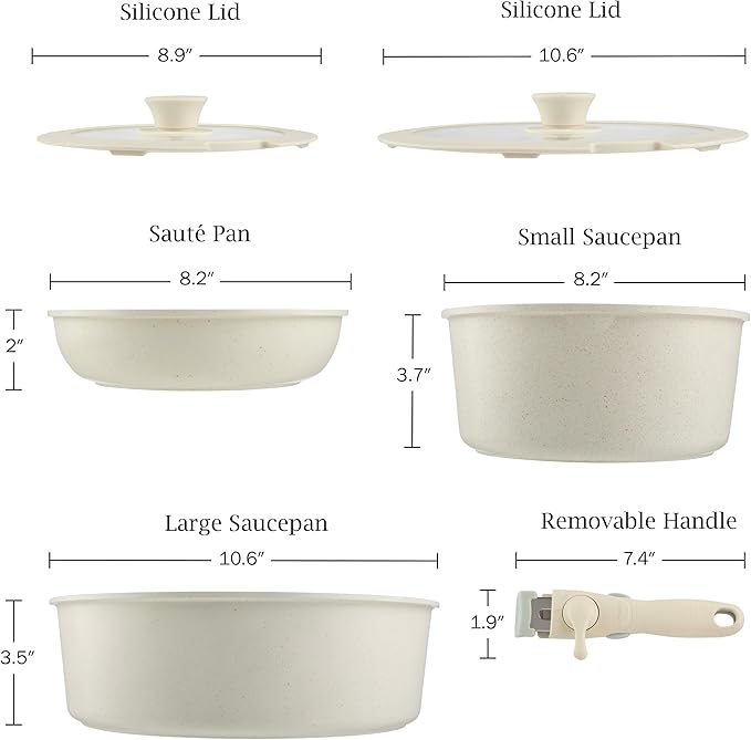 8-Piece Pots and Pans Set - Nonstick Cookware Set with Detachable Handle, Lids, Spatula, and Steam Pan - Kitchen Essentials by Home-Complete (Cream)