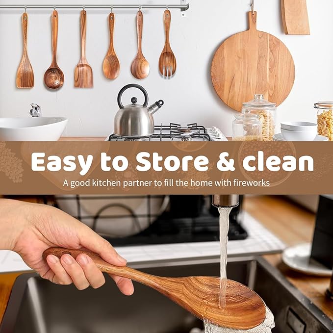 8 PCs Teak Wooden Utensil Set with Hooks, Wooden Spoons for Cooking, Wood Cooking Utensils Set, Comfort Grip, Non Stick Cookware, Easy to Clean, Kitchen Stuff, Wood Spatula