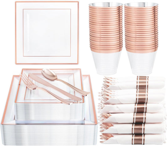 DaYammi 175 PCS Rose Gold Plastic Plates, Rose Gold Plastic Dinnerware Sets Includes: 25 Dinner Plates, 25 Salad Plates, 25 Pre Rolled Napkins with silverware 25 Cups 9 OZ, Perfect for Valentine's Day