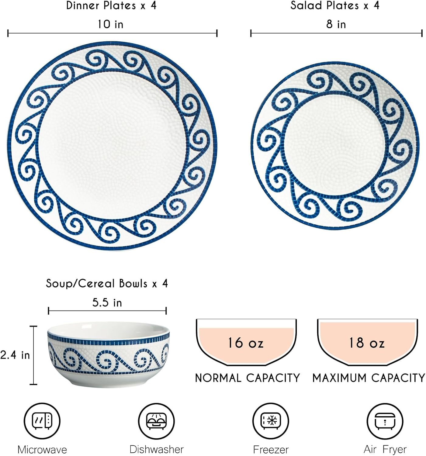 12-Piece Dinnerware Set for 4, Stoneware Kitchen Plates & Bowls Set, Coastal Dinnerware Sets, Microwave & Dishwasher Safe Scratch Resistant, Vintage Dishware Set for Everyday Use & Family Meals