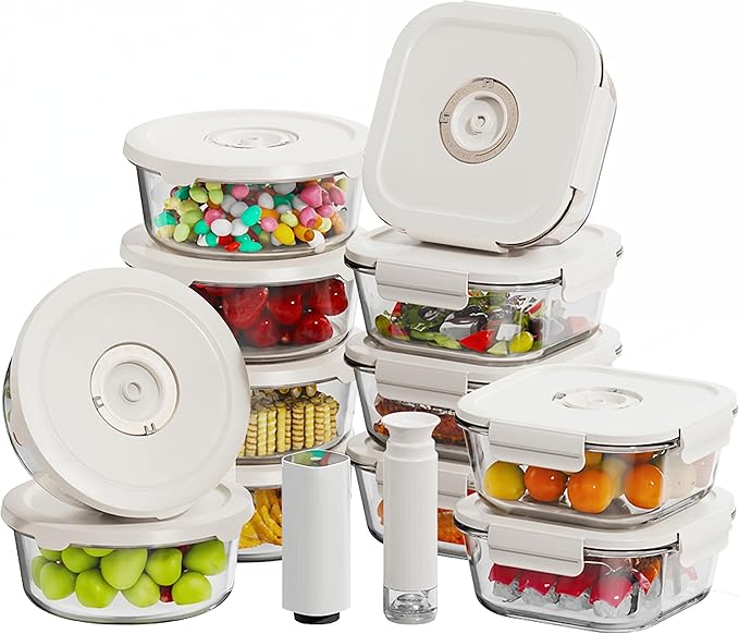 HOLDN’ STORAGE Vacuum Food Storage Containers, Set of 12 Glass Containers with Electronic & Manual Pump - Keep Food Fresh Longer, BPA-Free Glass, Leak-Proof, Ideal for Meal Prep, Marinating