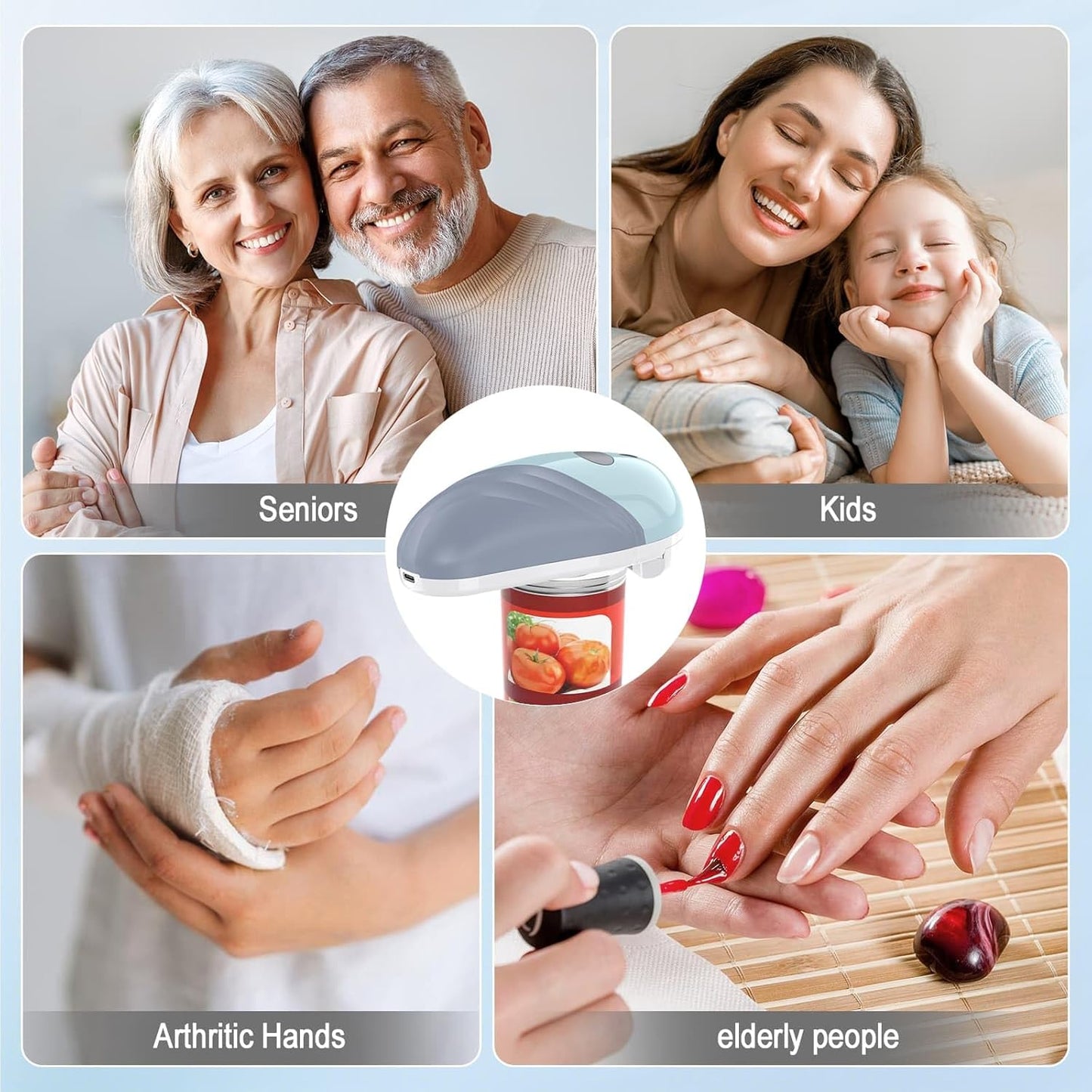 HuiJuKeJi Electric Can Opener, Rechargeable Automatic Can Opener for Seniors with Arthritis, One-Touch Hands-Free Can Opener for Almost Can Sizes, Smooth Edge & Food-Safe Kitchen Gadgets-Blue