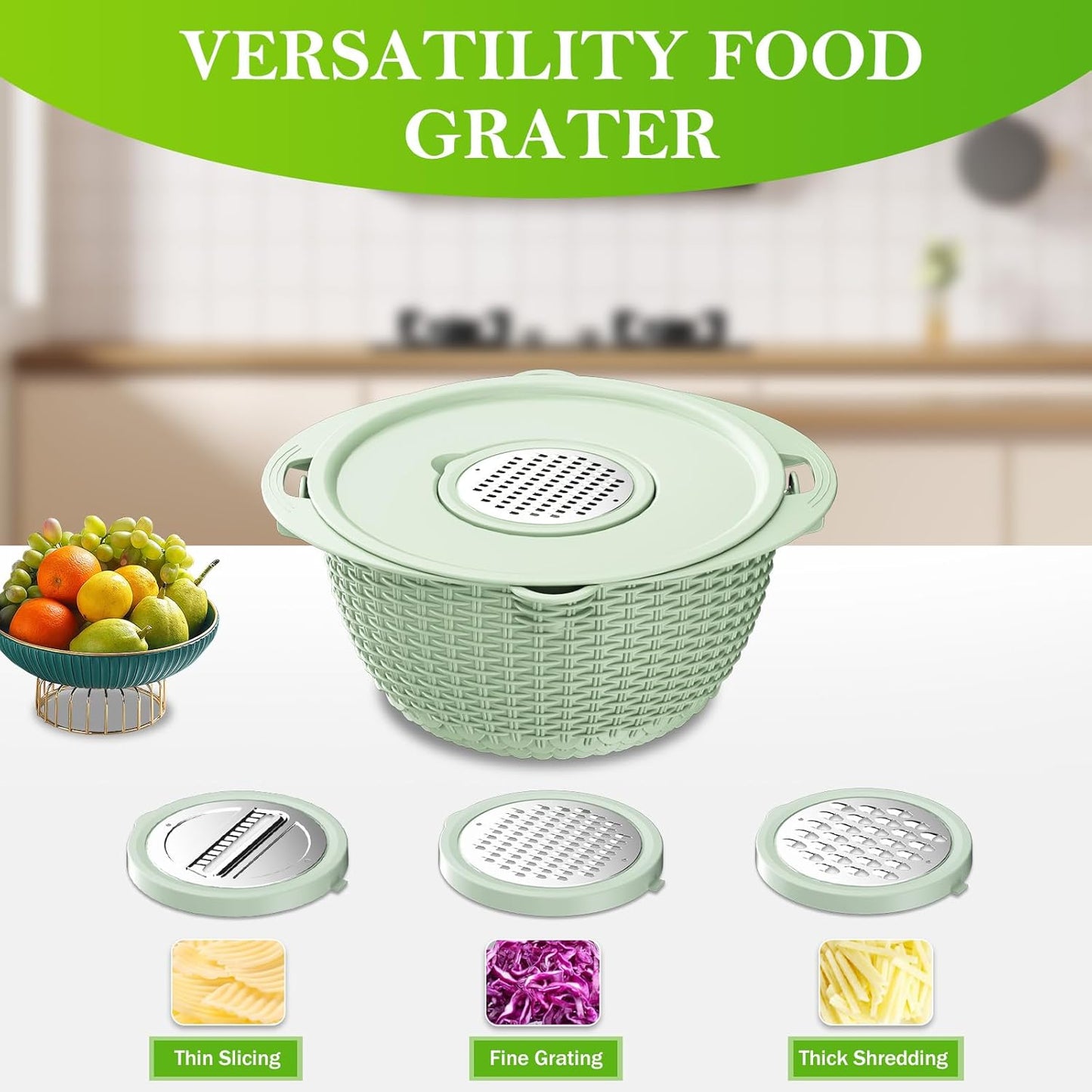 4 in 1 Colander with Bowl Set, Food Strainers and Colanders, Colander for Kitchen, Pasta Strainer, Fruit Washing Bowl, Kitchen Essentials Strainer Basket Bowl, Green