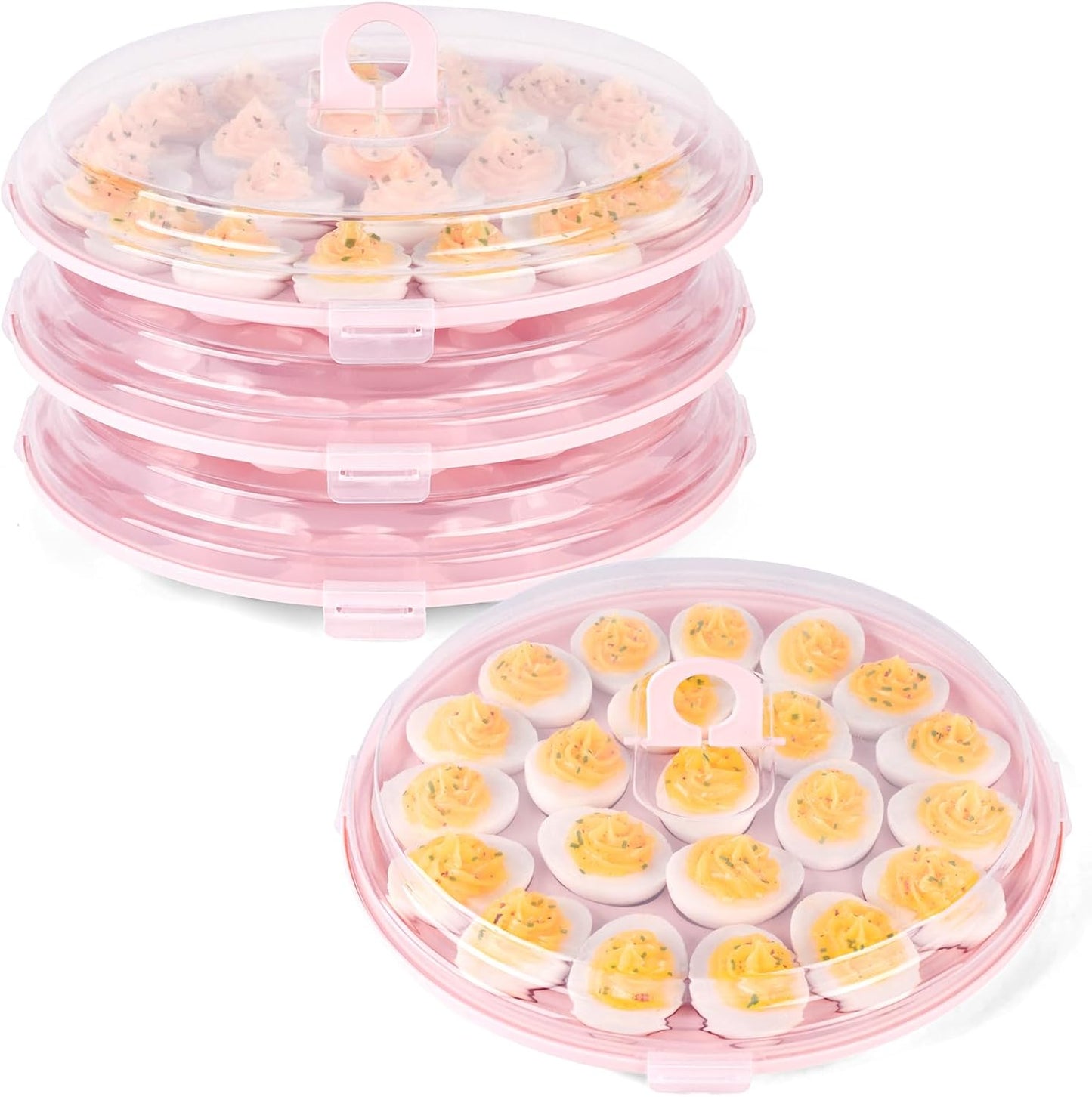HANSGO Deviled Egg Containers with Lid, 3PCS Deviled Egg Platter Carrier Holder Trays with 66 Slots for Holiday Party and Home Kitchen, Pink